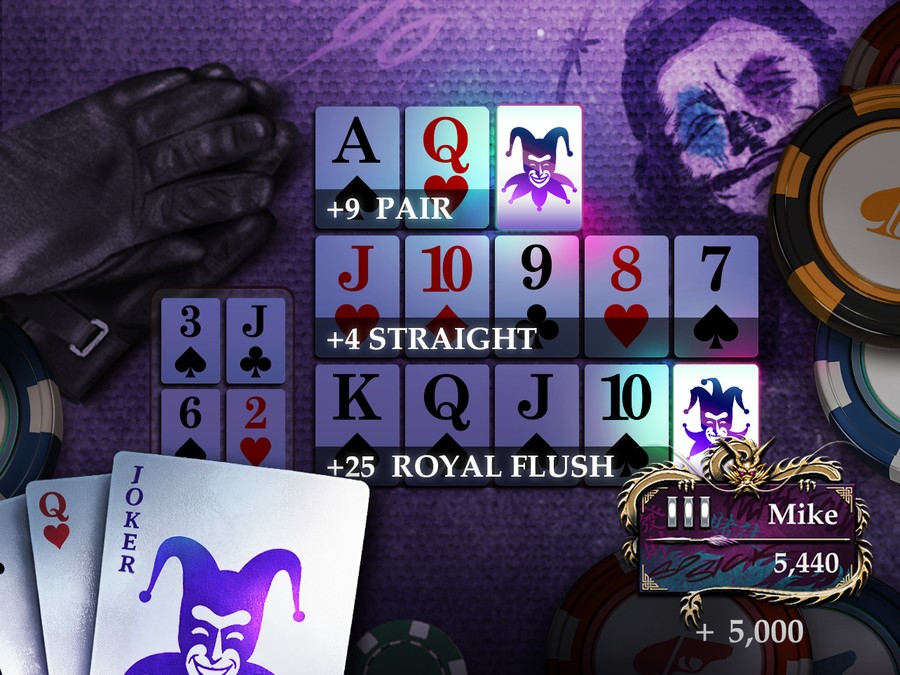 OFC Joker gameplay screen showing a Pair, a Straight, and a Royal Flush made with a Joker wild card