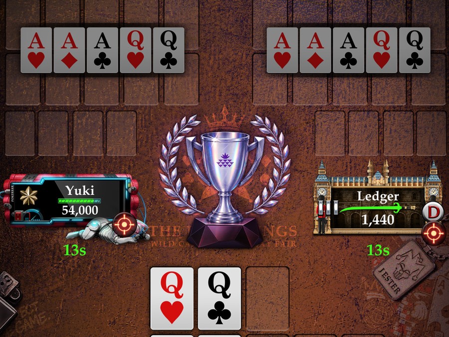 OFC SNG match screen showing two players with identical AAAQQ hands, illustrating a fair match and a champion's trophy