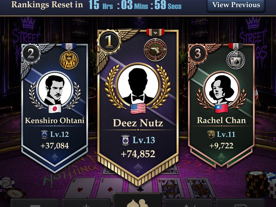 Leaderboard screen showing the top three players' rank cards and chip totals