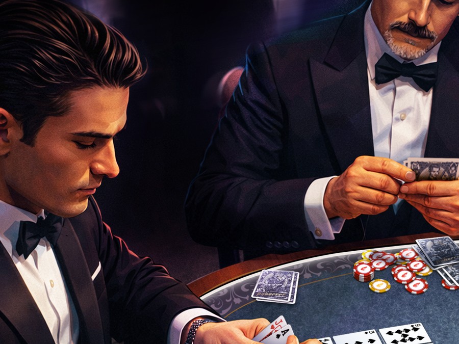 Two players facing off at a poker table with visible cards and chips