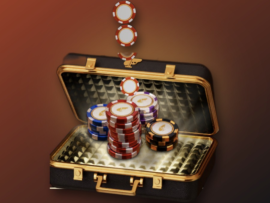 A stream of poker chips falling into an open black-and-gold briefcase, representing the daily free chips reward