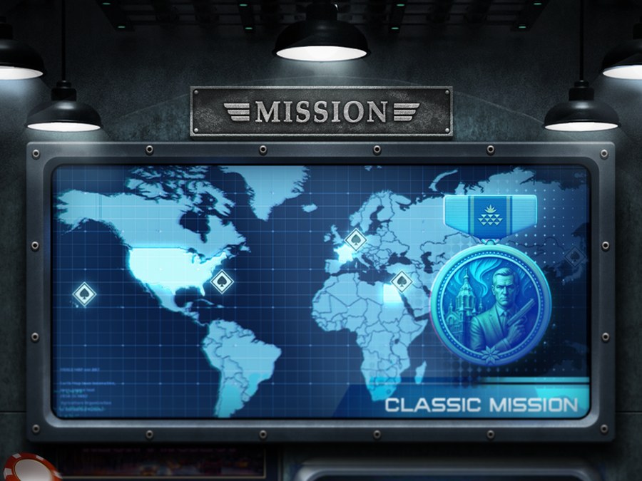 Mission command screen showing a world map with classic mission markers