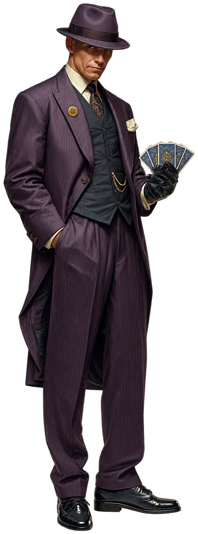 A sharply dressed agent holding a hand of playing cards, ready to deal