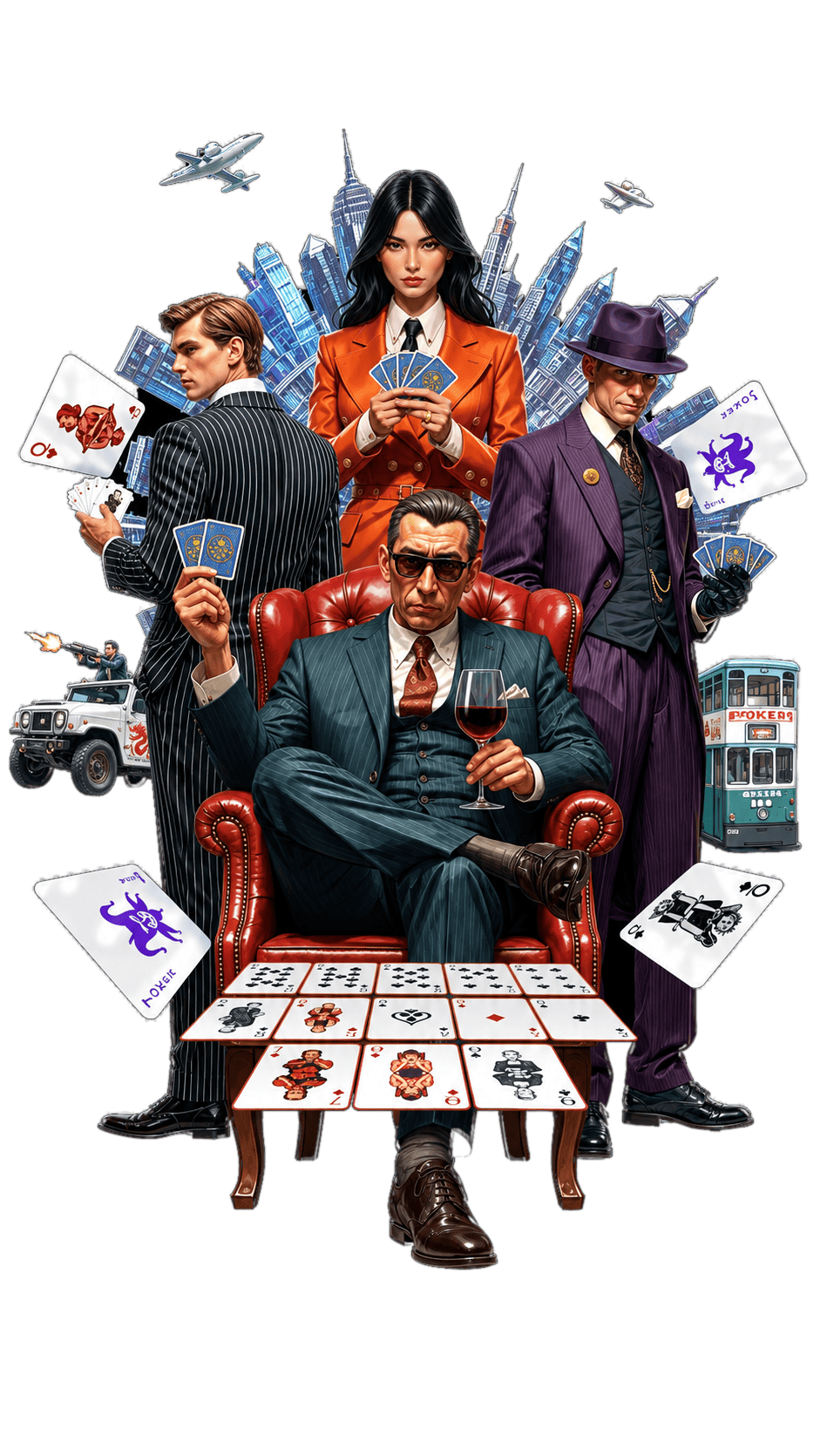 Four agent characters gathered around a fully arranged OFC three-row hand, representing the card-table world Mondraw has built