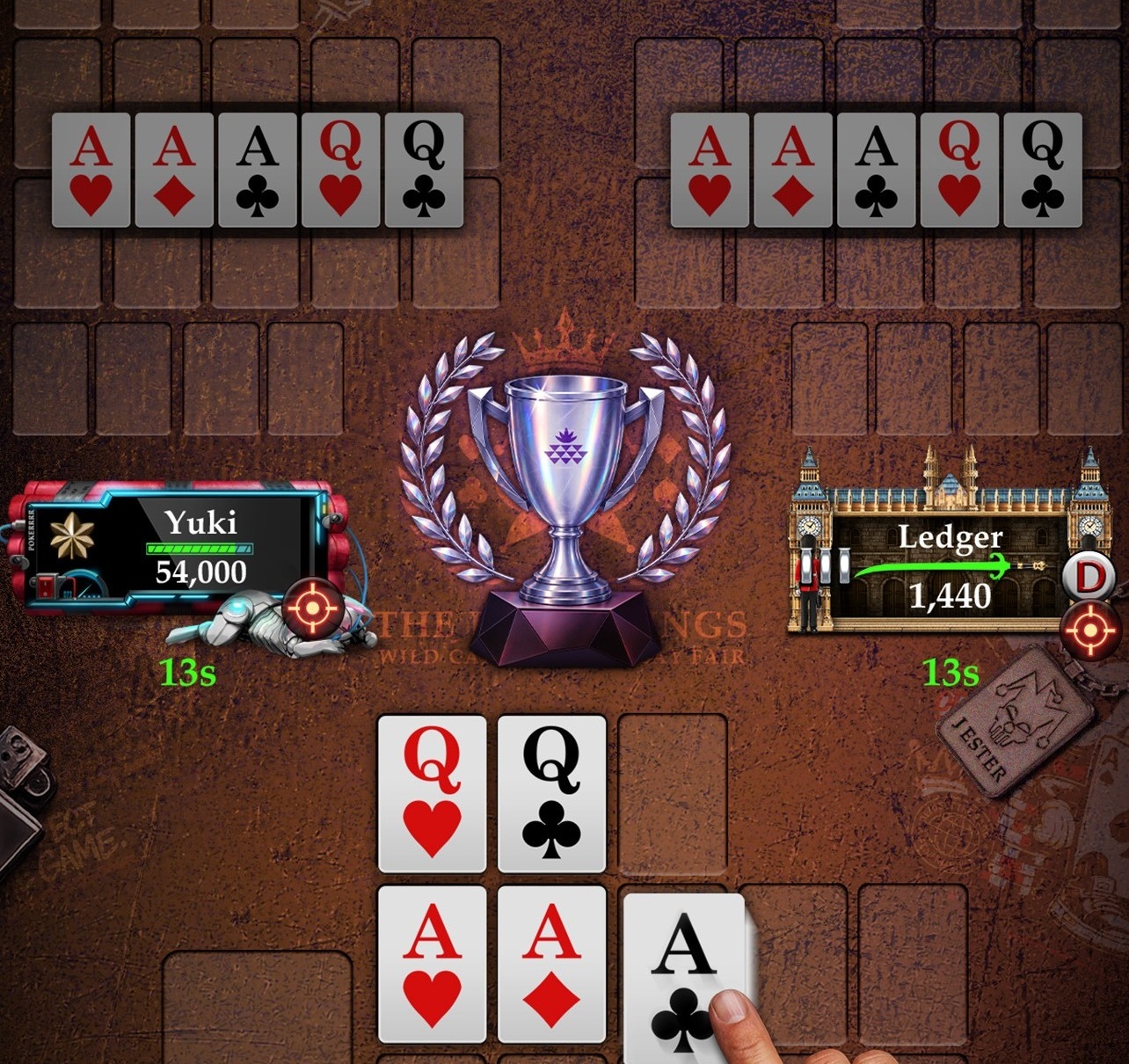 OFC SNG gameplay screenshot: two players dealt the exact same cards, with different results